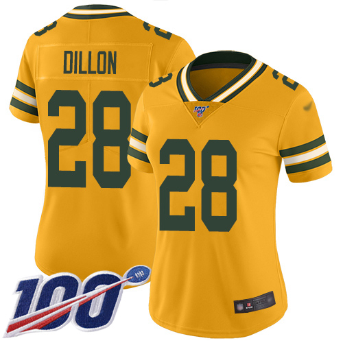 Packers #28 AJ Dillon Gold Women's Stitched Limited Inverted Legend 100th Season Jersey