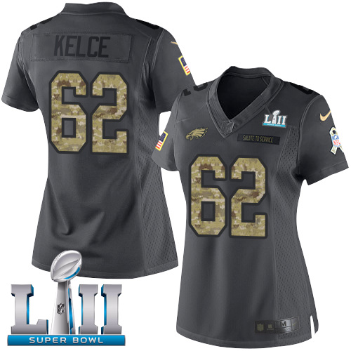 Eagles #62 Jason Kelce Black Super Bowl LII Women's Stitched Limited 2016 Salute To Service Jersey