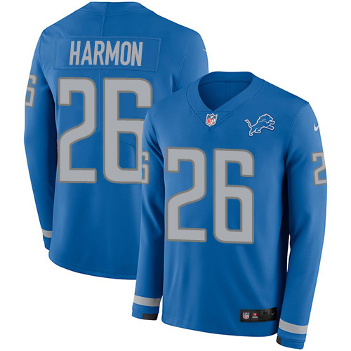 Detroit Lions #26 Duron Harmon Blue Team Color Youth Stitched Limited Therma Long Sleeve Jersey Youth