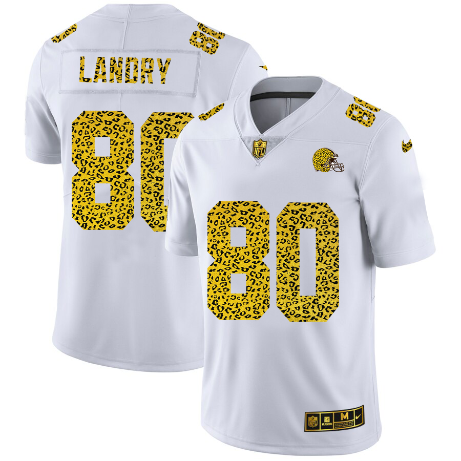 Cleveland Browns #80 Jarvis Landry Men's Flocked Leopard Print Vapor Limited Jersey White