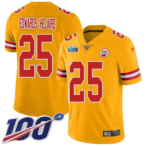 Chiefs #25 Clyde Edwards-Helaire Gold Super Bowl LVII Patch Men's Stitched Limited Inverted Legend 100th Season Jersey