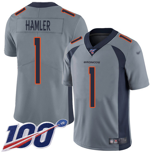 Broncos #1 KJ Hamler Gray Men's Stitched Limited Inverted Legend 100th Season Jersey