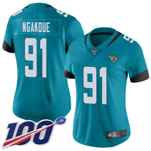 Jacksonville Jaguars #91 Yannick Ngakoue Teal Green Alternate Women's Stitched 100th Season Vapor Limited Jersey Womens