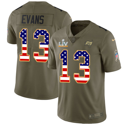 Buccaneers #13 Mike Evans Olive/USA Flag Youth Super Bowl LV Bound Stitched Limited 2017 Salute To Service Jersey
