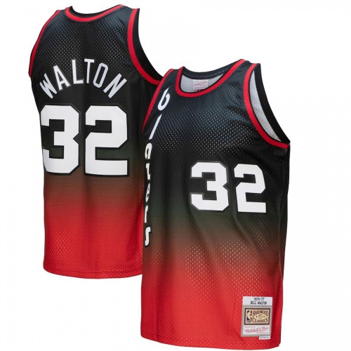 Portland Trail Portland Trail Blazers #32 Bill Walton Mitchell & Ness Mens Red/Black 1976/77 Hardwood Classics Fadeaway Swingman Player Jersey Mens