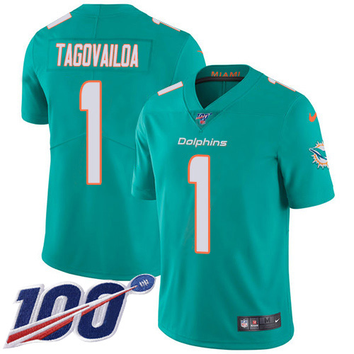 Dolphins #1 Tua Tagovailoa Aqua Green Team Color Youth Stitched 100th Season Vapor Untouchable Limited Jersey
