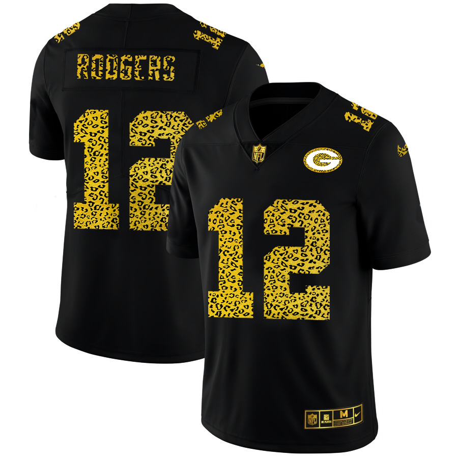 Green Bay Packers #12 Aaron Rodgers Men's Leopard Print Fashion Vapor Limited Jersey Black